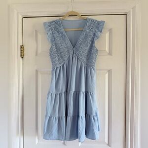 Boho Butterfly 🦋 Light Blue Tiered Smocked V-Neck Dress